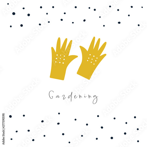 Cute hand drawn doodle card, postcard, cover, banner with gardening gloves. Funny poster for garden season