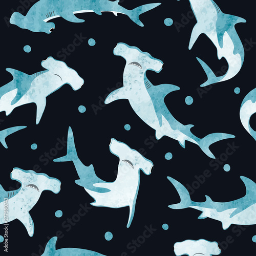 Seamless watercolor hammerhead shark pattern. 