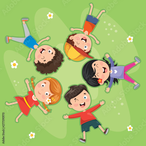Vector Illustration Of Children Lying On Grass