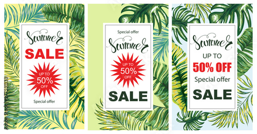 Summer sale banner. Set. Exotic design for banner, flyer, invitation, poster, website or postcard. Vector illustration.