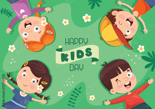 Vector Illustration Of Children Lying On Grass