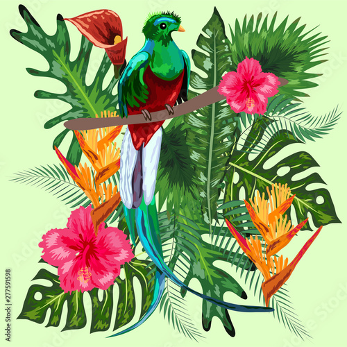 Green tropical bird Great resplendent quetzal sitting on a branch against the backdrop of a tropical foliage and flowers, design, rare, endangered species, red data book, security