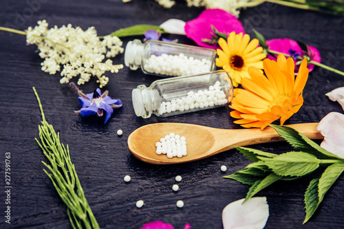 Fototapeta Naklejka Na Ścianę i Meble -  Selective focus on Homeopathic Medicine pills on spoon and medicinal bottles, decorated with fresh various herbal plants, dark wood background.