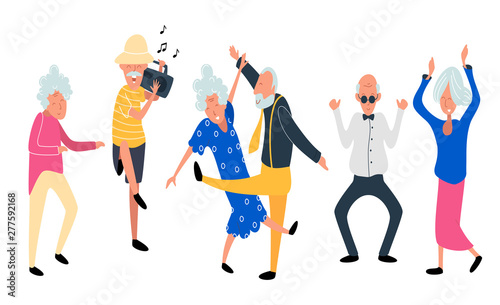 Dancing old people. Happy Aged women and men on the party. Laughing grandfather with recorder player and music. Funky flat cartoon style. Vector illustration. 