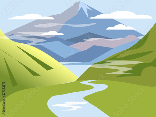 Background, landscape. Valley of hills with river and mountains. In minimalist style Cartoon flat vector