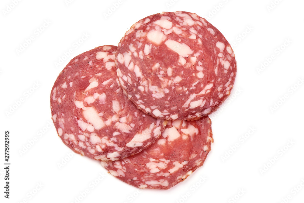 Smoked Salami Sausage, Traditional dry-cured meat, top view, isolated on white background Smoked Salami Sausage, Traditional dry-cured meat, top view, isolated on white background