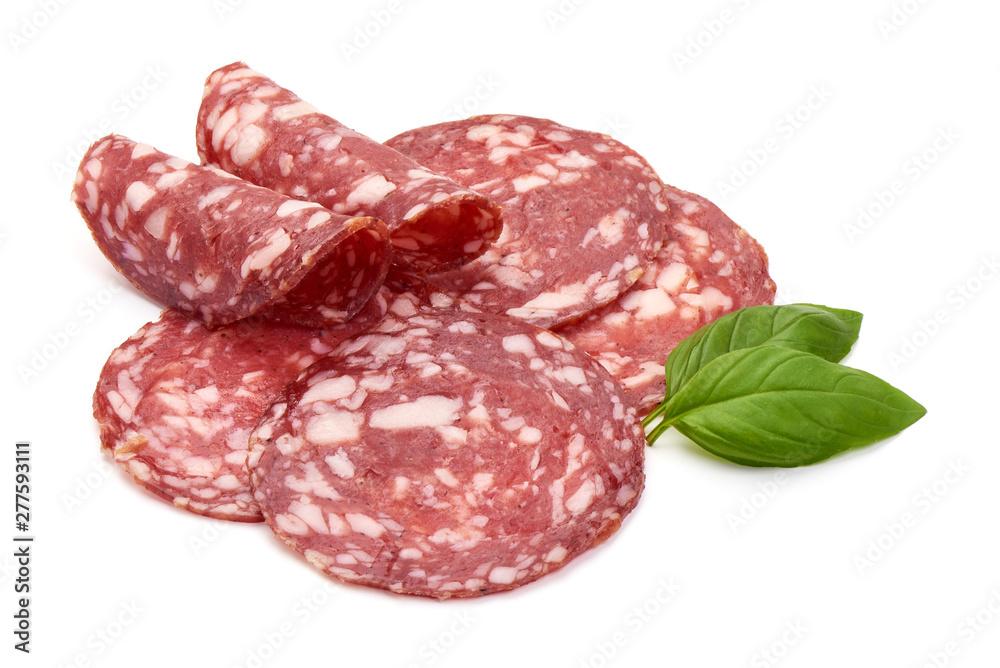 Sliced Dried sausage or salami, smoked meat, close-up, isolated on white background Sliced Dried sausage or salami, smoked meat, close-up, isolated on white background