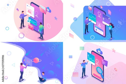 Set isometric concept with young teenagers working on a tablet and on a mobile phone screen. For website and mobile website development
