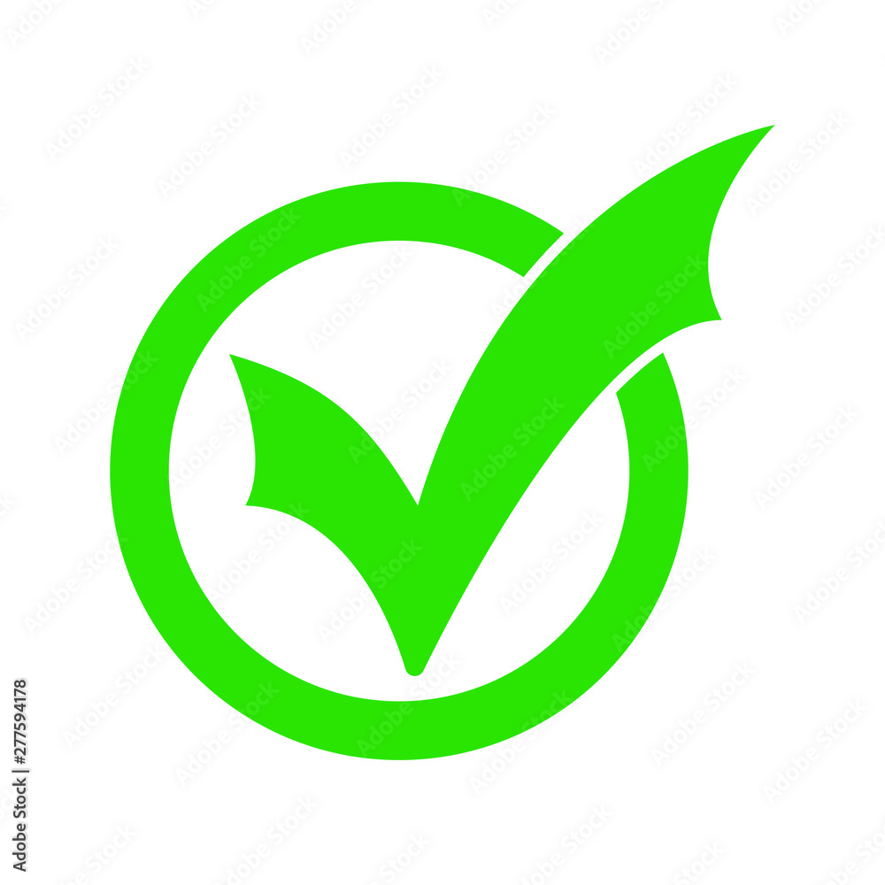 Flat round check mark green icon, button. Tick symbol isolated on white background.