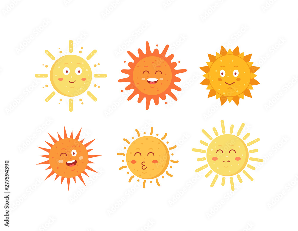 Funny vector hand drawn suns. Cute sun emoticons icons set. Summer sunny faces emoji collection.