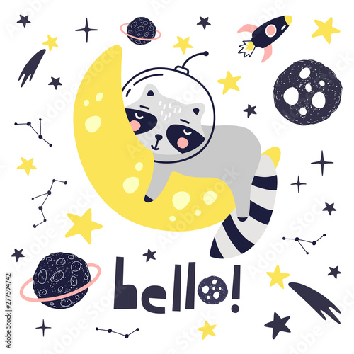 Fototapeta Naklejka Na Ścianę i Meble -  Cute card with raccoon astronaut, planets, stars and comets. Space Background for Kids. Can be use for typography posters, cards, flyers, banners, baby wears. Vector