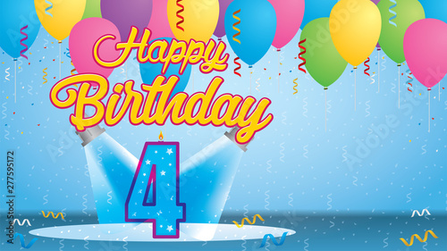 Happy Birthday 4 Greeting card. Blue candle lit in the form of a number being lit by two reflectors in a room with balloons floating with streamers and confetti falling to the floor. Vector image