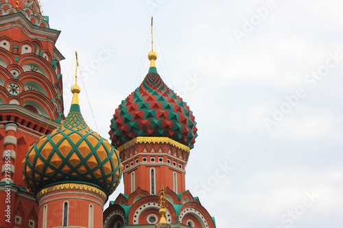 Saint Basil's Cathedral (Cathedral of Vasily the Blessed) colorful domes close up view on Red Square in Moscow, Russia 