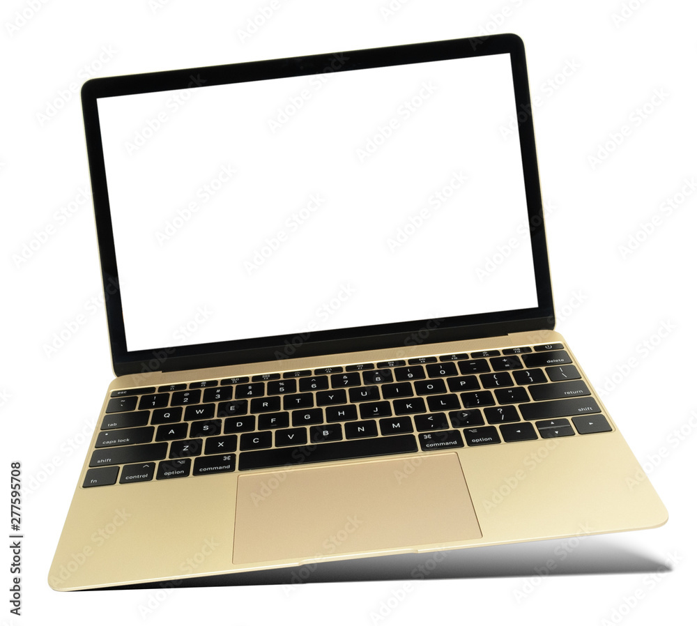 Hovering gold laptop with blank screen Hovering gold laptop with blank screen