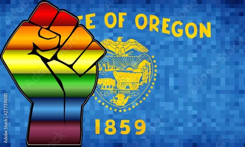 Shiny LGBT Protest Fist on a Oregon Flag - Illustration,  Abstract Mosaic Oregon and Gay flags