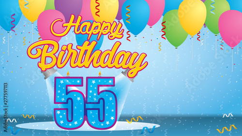 Happy Birthday 55 Greeting card. Blue candle lit in the form of a number being lit by two reflectors in a room with balloons floating with streamers and confetti falling to the floor. Vector image
