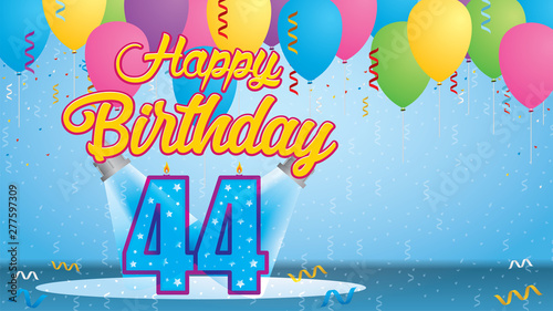 Happy Birthday 44 Greeting card. Blue candle lit in the form of a number being lit by two reflectors in a room with balloons floating with streamers and confetti falling to the floor. Vector image