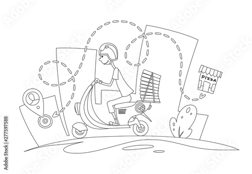 Delivery, the guy on the moped is carrying pizza coloring book. Characters. Pizza delivery concept flat design vector illustration.