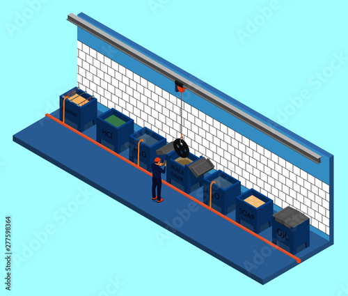 A man works in the chemical industry. The engineer controls the process on electroplating.