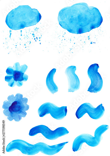 Spot of painted watercolor color in blue on a white background, hand drawing. Blue spot with watercolor with blue spots