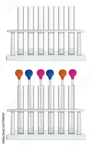 A set of tubes in racks. Empty test tubes and test tubes with measuring laboratory pipettes. Special laboratory equipment for medicine, pharmacy, biology and chemistry. Vector