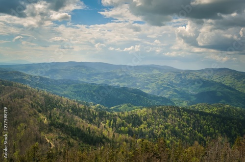 Amazing spring mountain landscape. Shadows and lights on the trees in the hills.