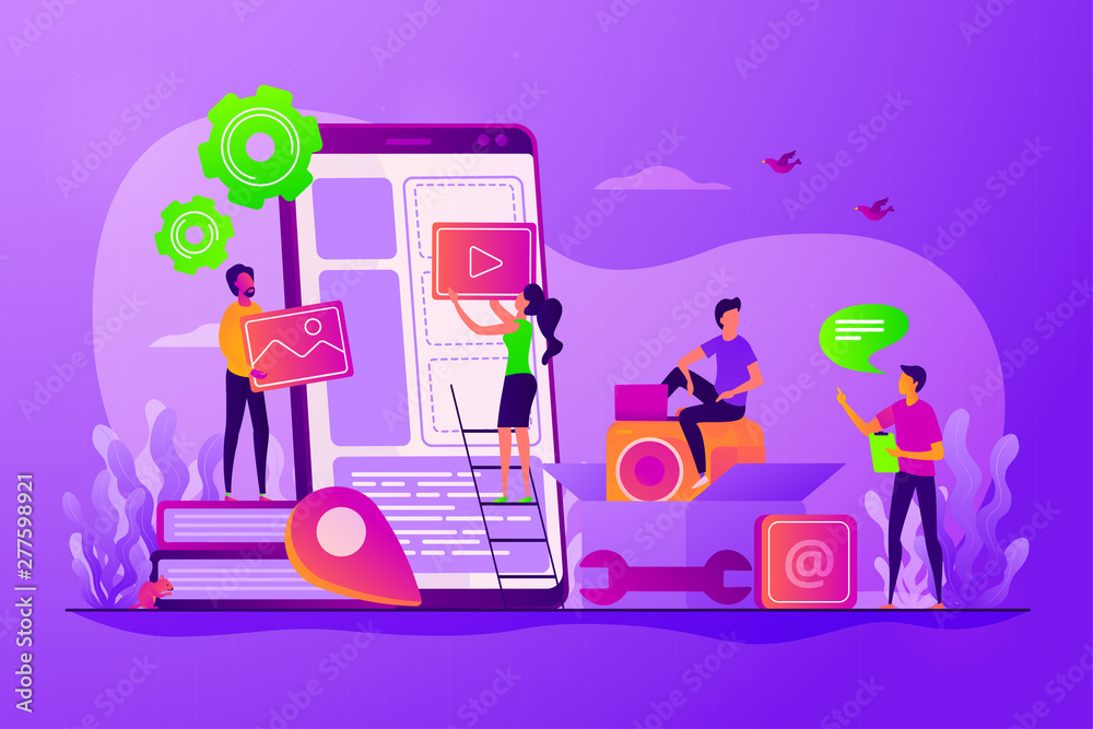 Smartphone software, UI interface construction. Mobile app development, mobile device application building, app development software concept. Vector isolated concept creative illustration - obrazy, fototapety, plakaty 