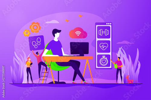 Activity and break reminder, app. Sedentary work, inactive lifestyle. Fitness tracker. IOT office desk, health tracking, working activity place concept. Vector isolated concept creative illustration