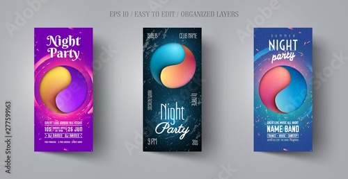 Flyer or poster design template for musical night party. Modern abstract background in the style of cut paper. Yin Yang sign. Banner layout for disco club,dance event,concert, show.Vector illustration