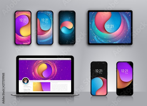Vector design Wallpapers for smartphone, tablet, banner. Modern abstract background in the style of cut paper.  Sign Yin Yang. Colorful illustration with yellow, purple, blue, with glowing elements.