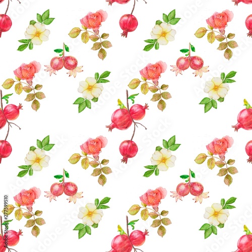 Wallpaper Mural pattern of roses and pomegranate fruits Torontodigital.ca