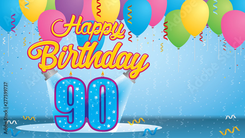 Happy Birthday 90 Greeting card. Blue candle lit in the form of a number being lit by two reflectors in a room with balloons floating with streamers and confetti falling to the floor. Vector image