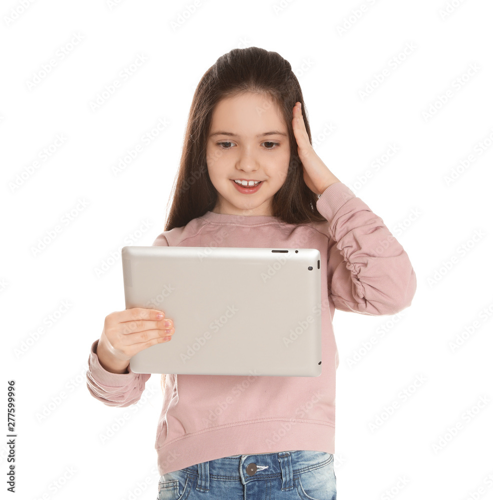 Little girl using video chat on tablet against white background Little girl using video chat on tablet against white background