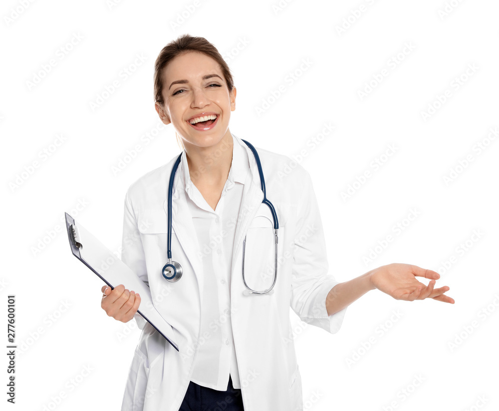 Portrait of medical doctor with clipboard and stethoscope isolated on white Portrait of medical doctor with clipboard and stethoscope isolated on white