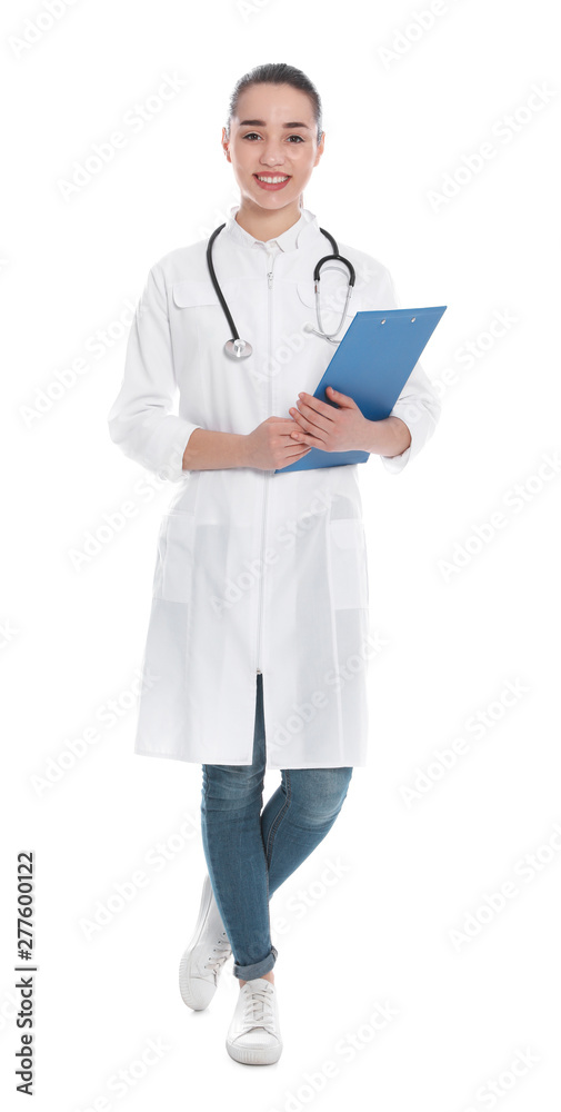 Full length portrait of medical doctor with clipboard and stethoscope isolated on white Full length portrait of medical doctor with clipboard and stethoscope isolated on white