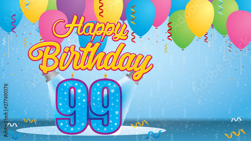 Happy Birthday 99 Greeting card. Blue candle lit in the form of a number being lit by two reflectors in a room with balloons floating with streamers and confetti falling to the floor. Vector image