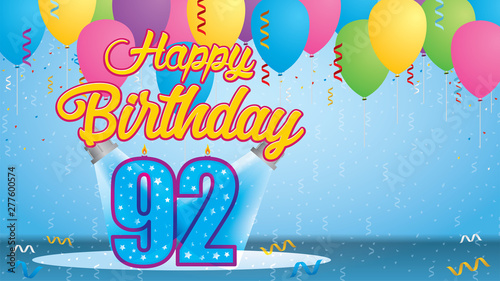 Happy Birthday 92 Greeting card. Blue candle lit in the form of a number being lit by two reflectors in a room with balloons floating with streamers and confetti falling to the floor. Vector image