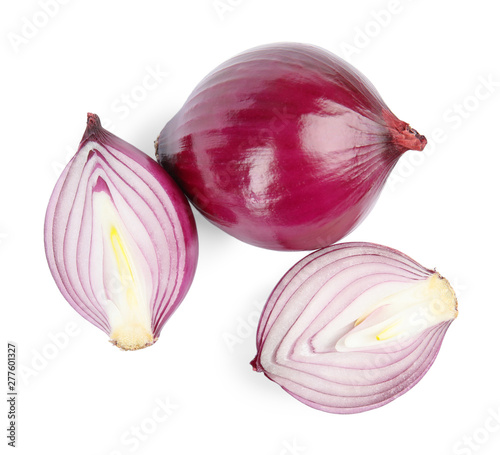Fresh whole and cut red onions on white background, top view
