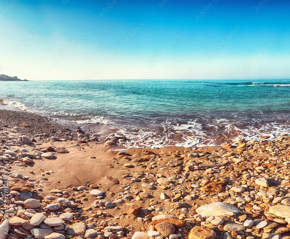 Fantastic view azure sea glowing by sunlight