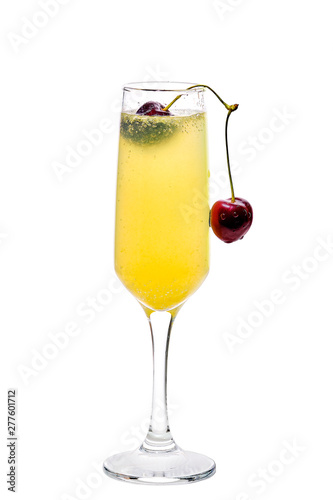 Mimosa cocktail decorated with cherry isolated on white background