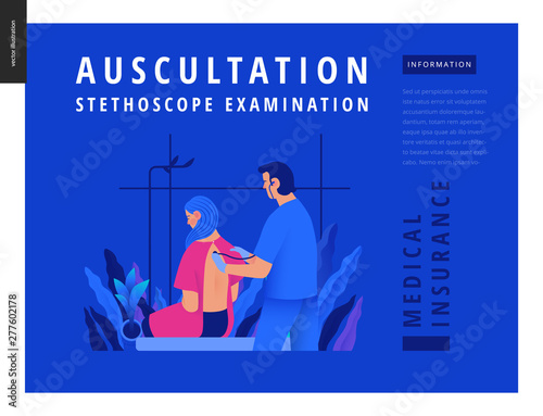 Medical tests Blue template - auscultation -modern flat vector concept digital illustration of stethoscope examination procedure - patient and doctor carrying out procedure, medical office, laboratory
