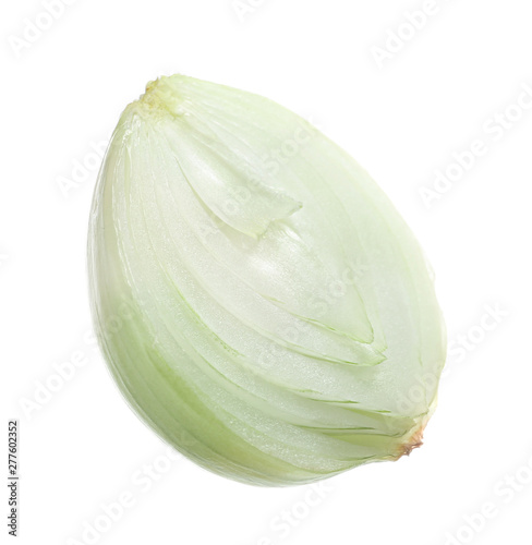 Slice of fresh ripe onion on white background