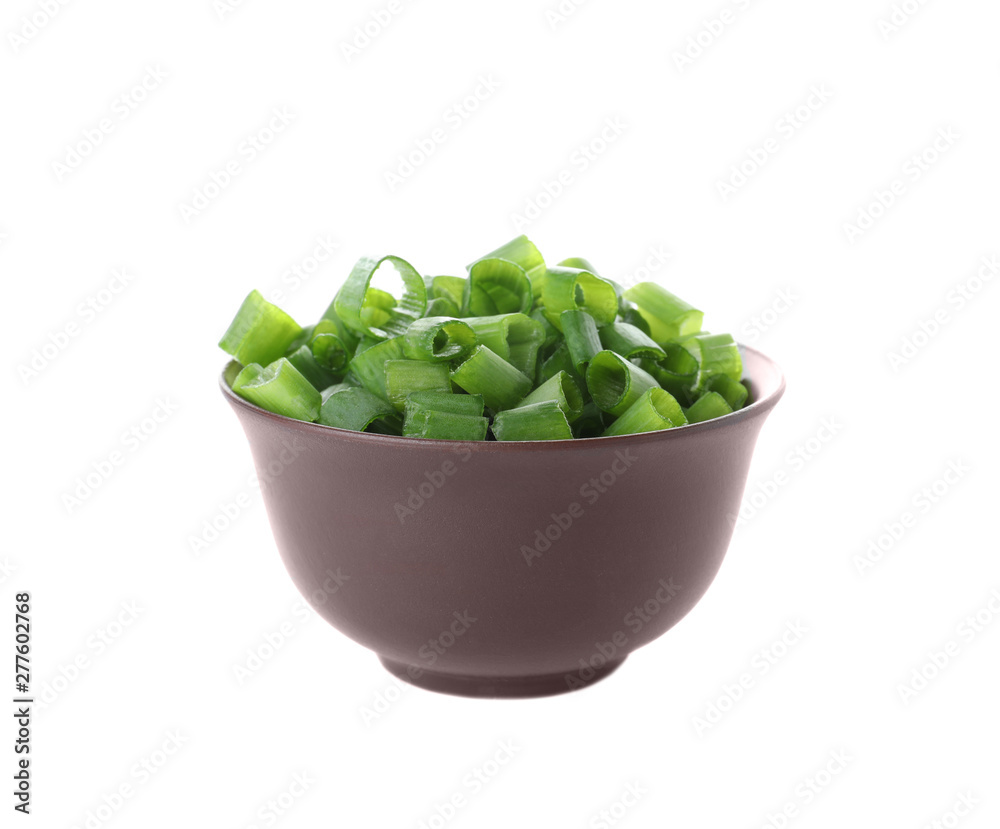 Bowl of cut green onion on white background Bowl of cut green onion on white background