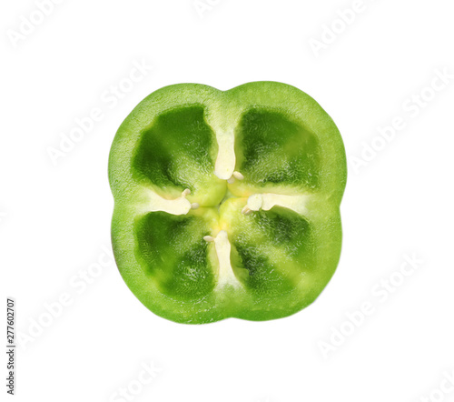 Cut fresh green bell pepper on white background, top view