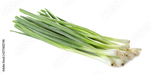 Bunch of fresh ripe green onions on white background