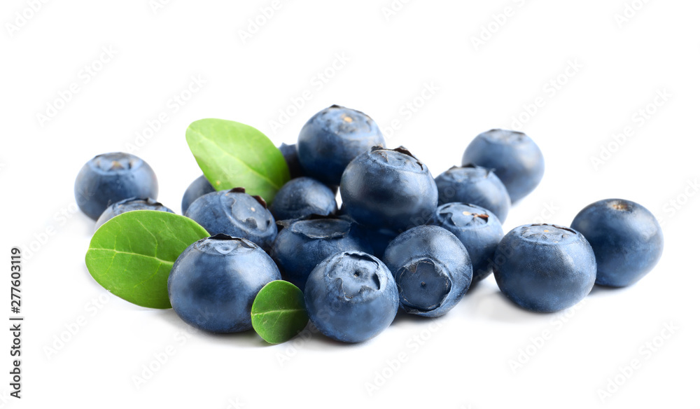 Fresh raw tasty blueberries with leaves isolated on white Fresh raw tasty blueberries with leaves isolated on white