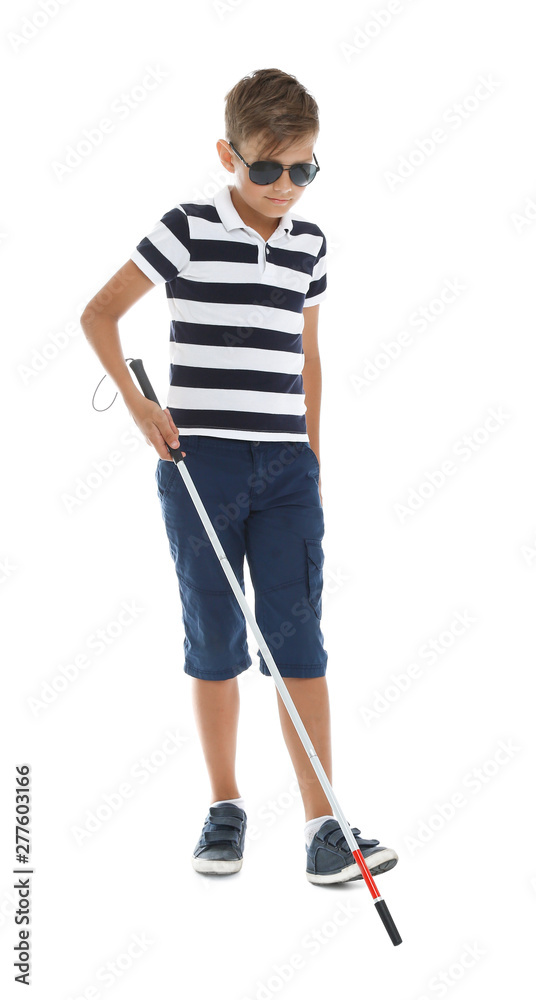 Blind boy with long cane walking on white background Blind boy with long cane walking on white background