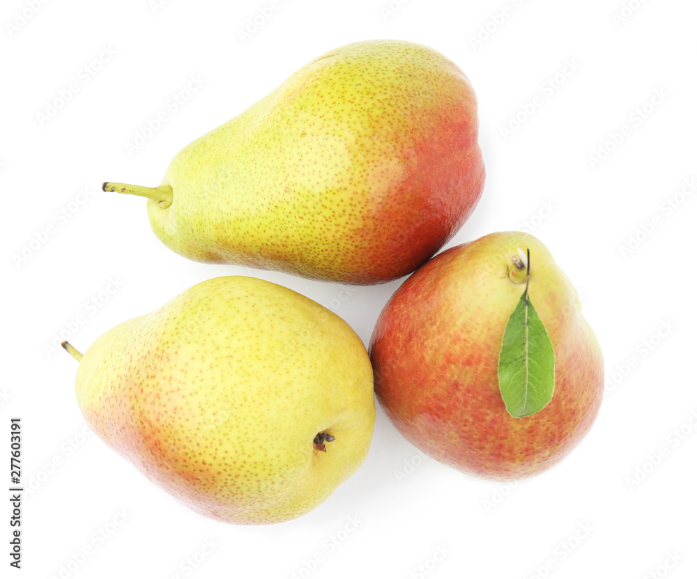 Fresh ripe juicy pears isolated on white, top view Fresh ripe juicy pears isolated on white, top view