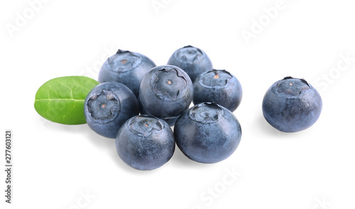 Fresh raw tasty blueberries with leaf isolated on white