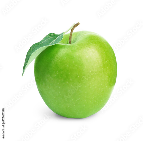 Fresh ripe green apple with leaf on white background